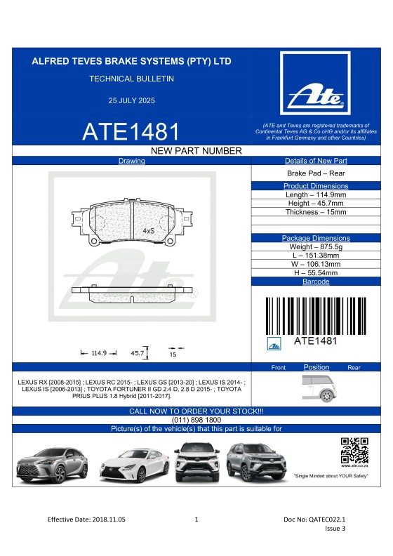 ATE1481 NEW! Brake Pad for Toyota Fortuner, Lexus RX 350, Lexus 350 AWD, Lexus RX 450h featured image